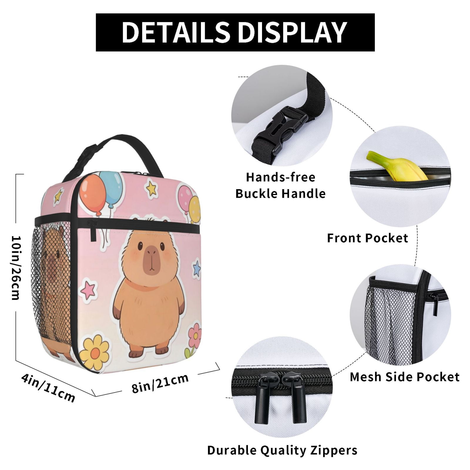Lunch Bag For Women Men Insulated Portable Lunch Box Bento Box Office Picnic Travel Cooler Bag Capybara Balloon Flower Star