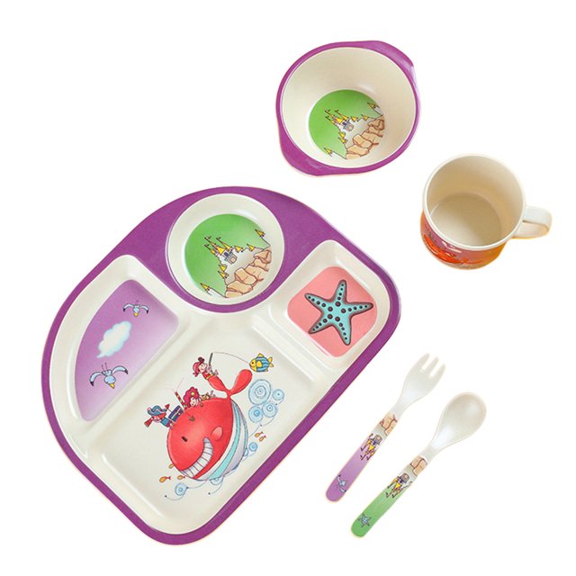Juego de vajilla para niños de fibra de bambú, serie animal, plato dividido para bebé, juego de cinco piezas de dibujos animados