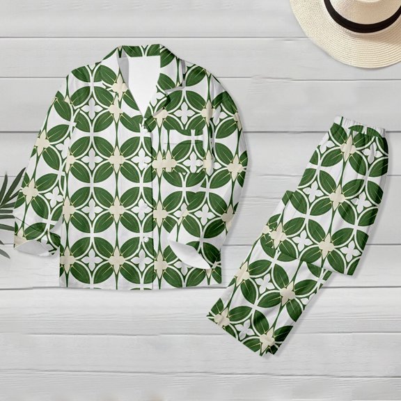 Womens Pajama Outfits All Printed Long Sleeve Tops with Matching Pants Lightweight Relaxed Fit for Casual Wear Green,L