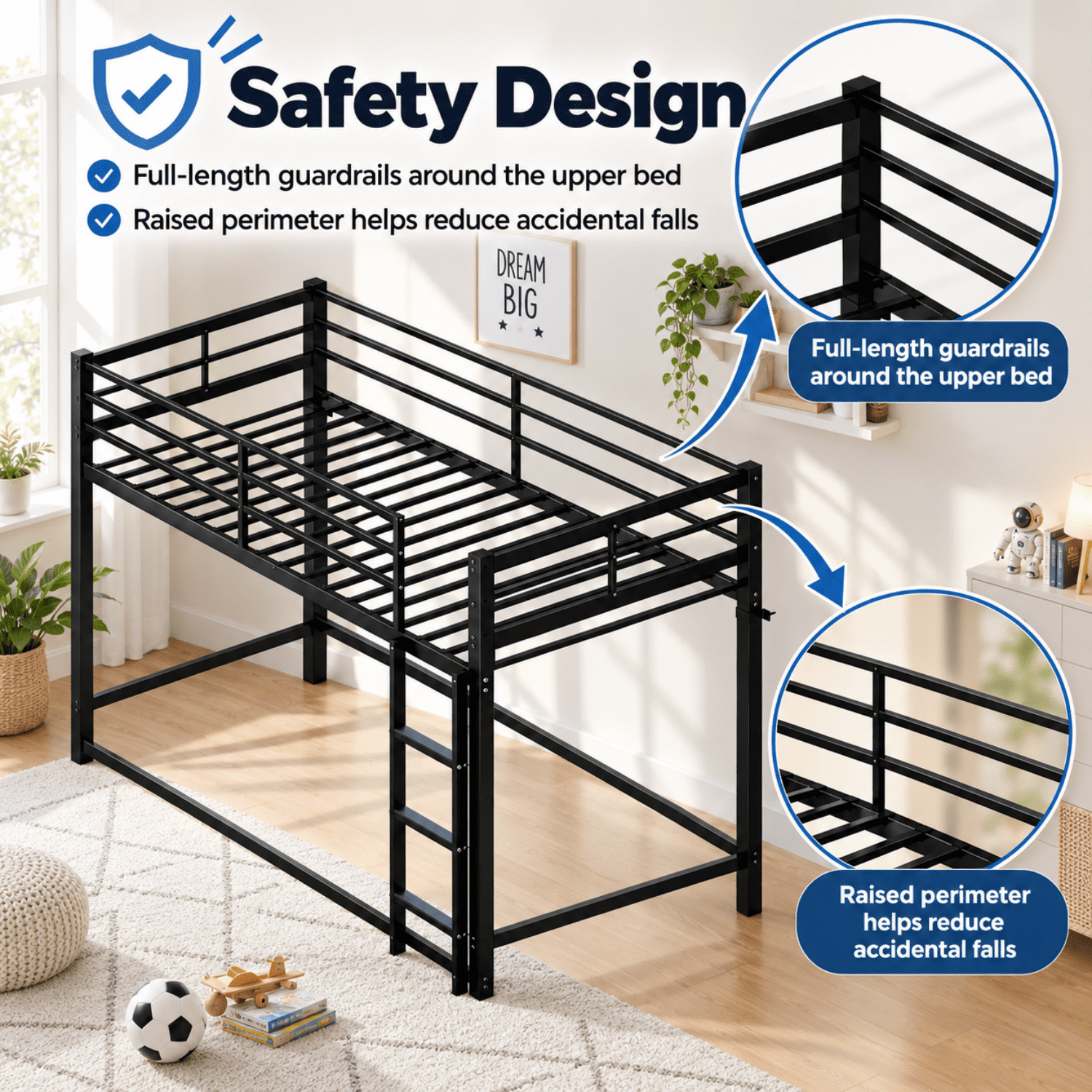 Miniyam Twin Over Twin Metal Bunk Bed with Full-Length Guardrails and Built-In Ladder, Black