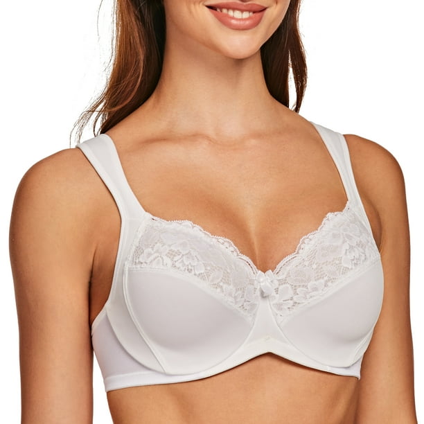  Womens Full Coverage Underwired Floral Lace Bra Plus Size  Non Padded Comfort Bra 44DD White