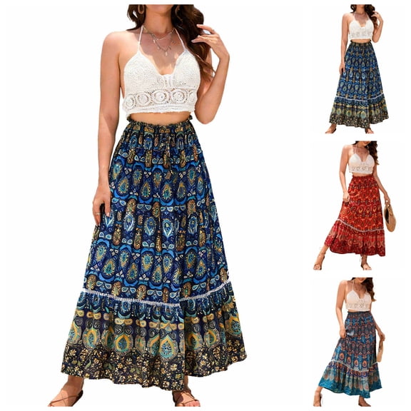 LIBRCLO Skirts for Women, Maxi Length Exotic Floral Print Skirts with High Waisted Vacation Beach Skirts