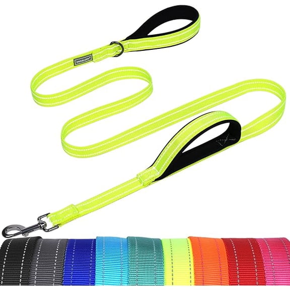 Eryueer Twingrip Dog Lead, Double Handle Dog Lead for Training & Walking with Traffic Handle & 2 Loop, Traffic Control Reflective Heavy Duty for Puppy Pet, 1.2m x 2.5cm, Bright Yellow