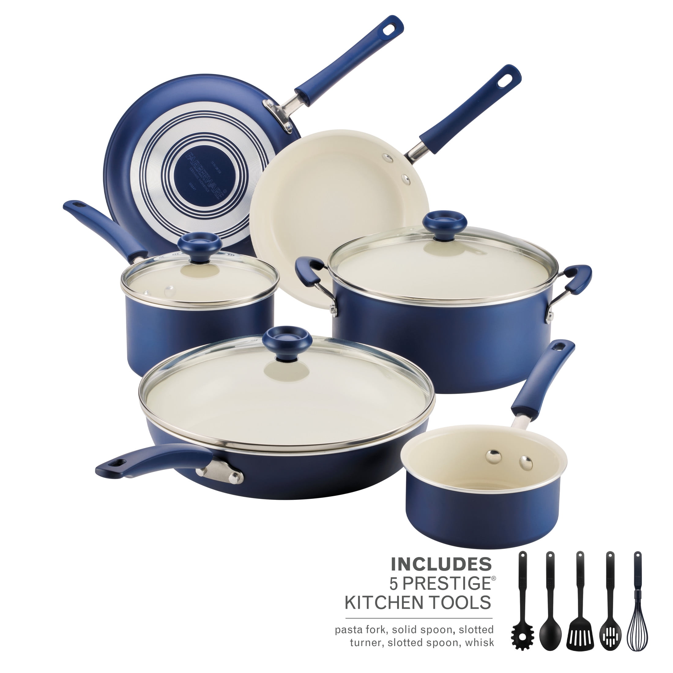 Farberware Easy Clean 14 Pcs Ceramic Nonstick Cookware Set with Cooking Tools, Dishwasher Safe, Blue
