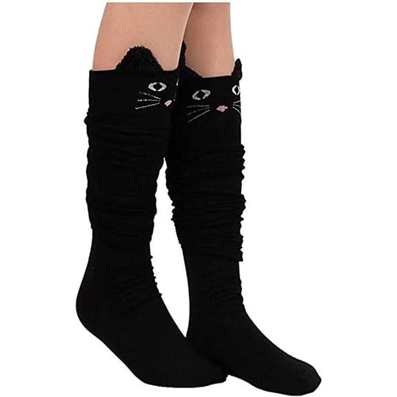 Womens Knee High Socks, womens socks, Ladies Cat Catoon Cute Novelty Long Socks Over Knee High Sock. Black 58cm/22.83"