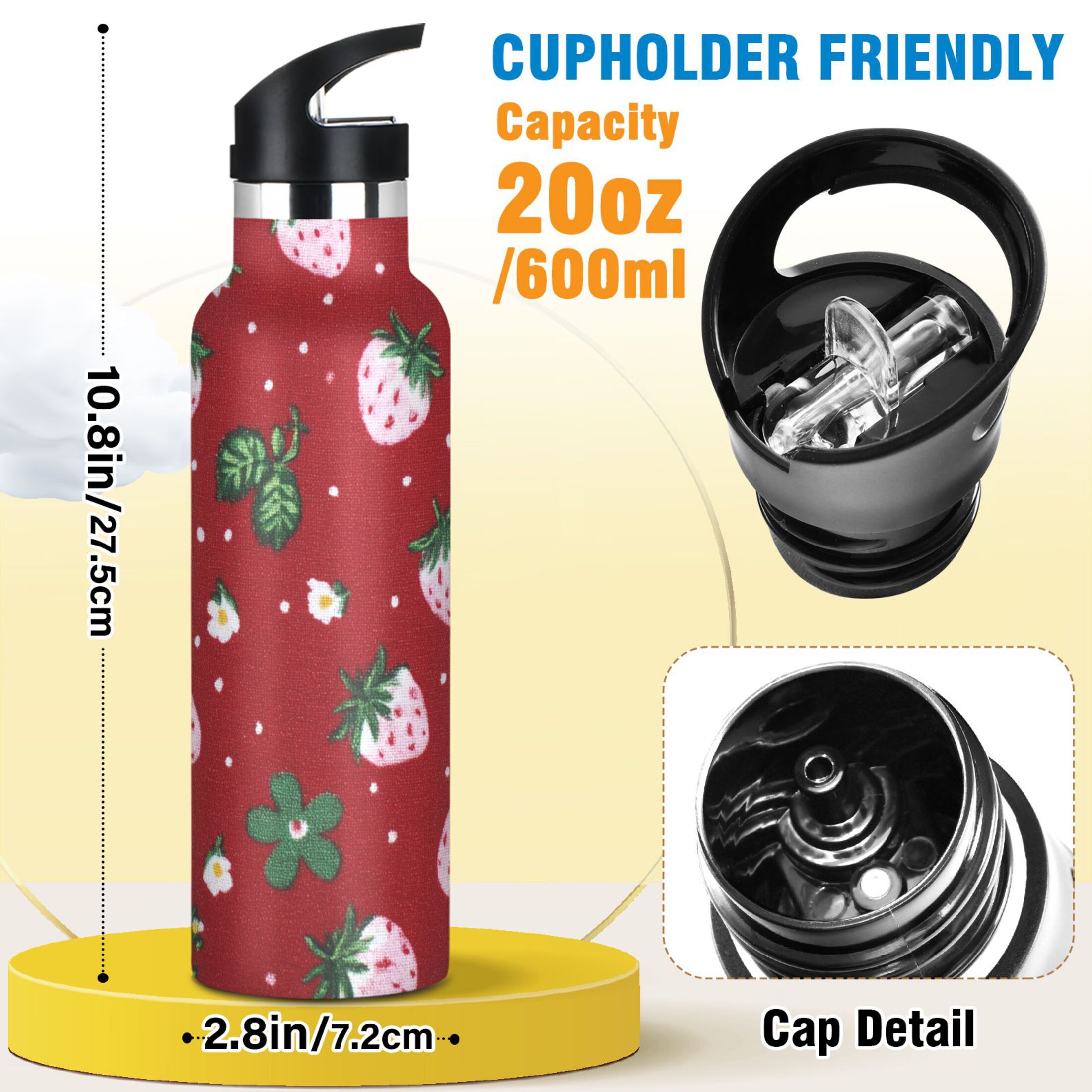 Kids Insulated Stainless Steel Sports Water Bottle 600ml (20oz) Cute Pink Strawberry Pattern