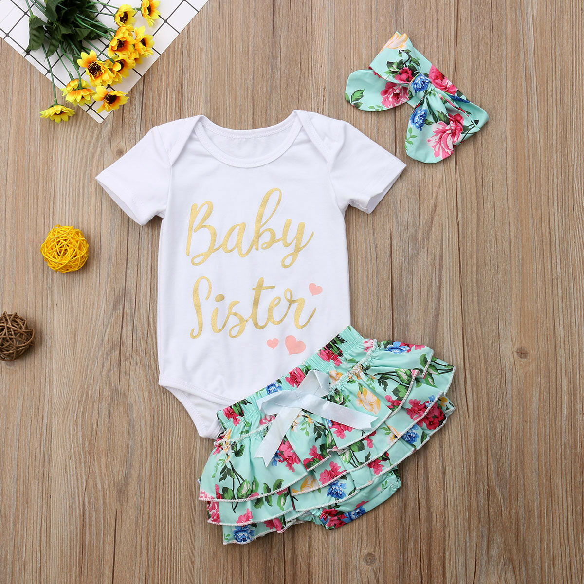 3PCS Newborn Infant Baby Girl Outfits Clothes Romper Jumpsuit Bodysuit