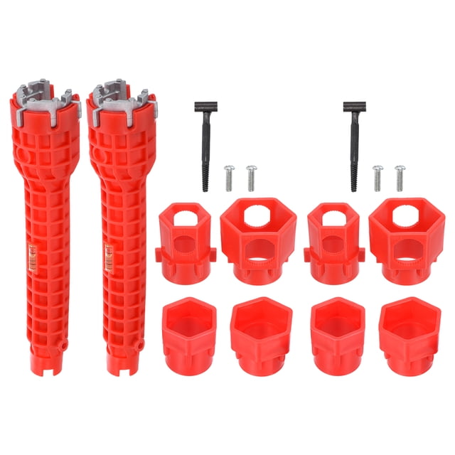 Llave Instaladora de Grifo y Fregadero, Paquete de 2 Herramienta de Plomería Multiusos 14 en 1 para Instalación de Inodoro y Lavabo, Rojo
