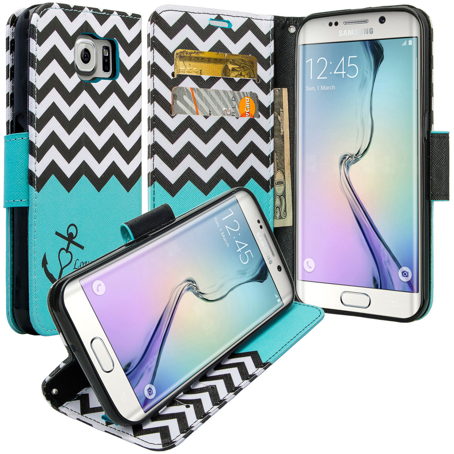 Samsung Galaxy S6 Edge Plus Wallet Case, Wrist Strap Magnetic Flip Fold[Kickstand] Pu Leather Wallet Case with ID & Card Slots for Galaxy S6 Edge Plus - Teal Anchor - Walmart.com