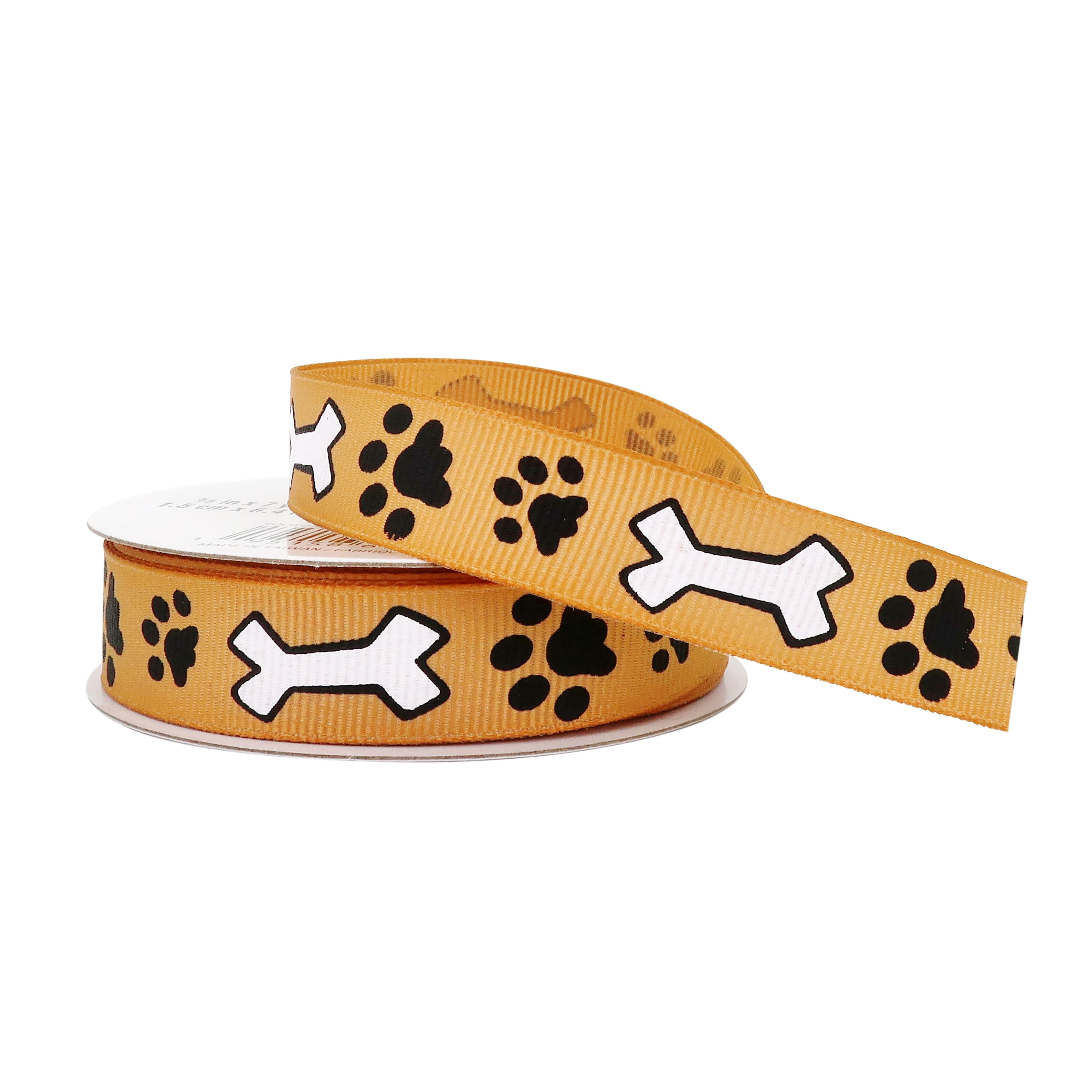 Celebrate It 5/8" x 7yd. Grosgrain Paw Print & Dog Bone Ribbon - Yellow, White & Black, Wired with Woven Selvage, Polyester - Ideal for Pet-Themed Crafts, Gifts & Decor, 12 Pack