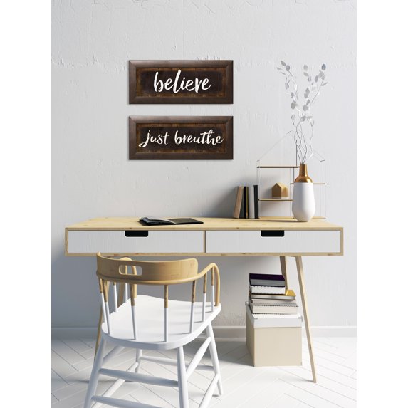 Gango Home Decor Contemporary Believe & Just Breathe; Two 18x6in Art Prints in Brown Frames