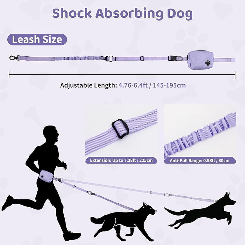 Hands Free Dog Leash with Zipper Pouch, 6-9ft Bungee Waist Leash for Medium Large Dogs Walking, Running Lead with Dual Padded Handles Car Safety Buckle for Training Jogging