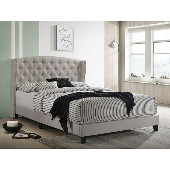 1Pc Contemporary Upholstered Twin Khaki Color Bed Button Tufted Headboard Winged Sides