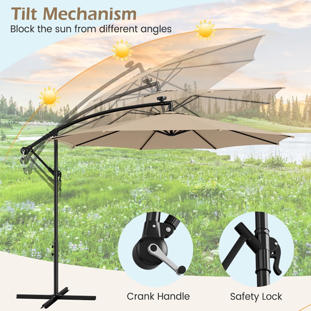 Aimee Lii 10 Feet Patio Offset Umbrella with 112 Solar-Powered LED Lights, Sunbrella Patio Umbrellas, Beige