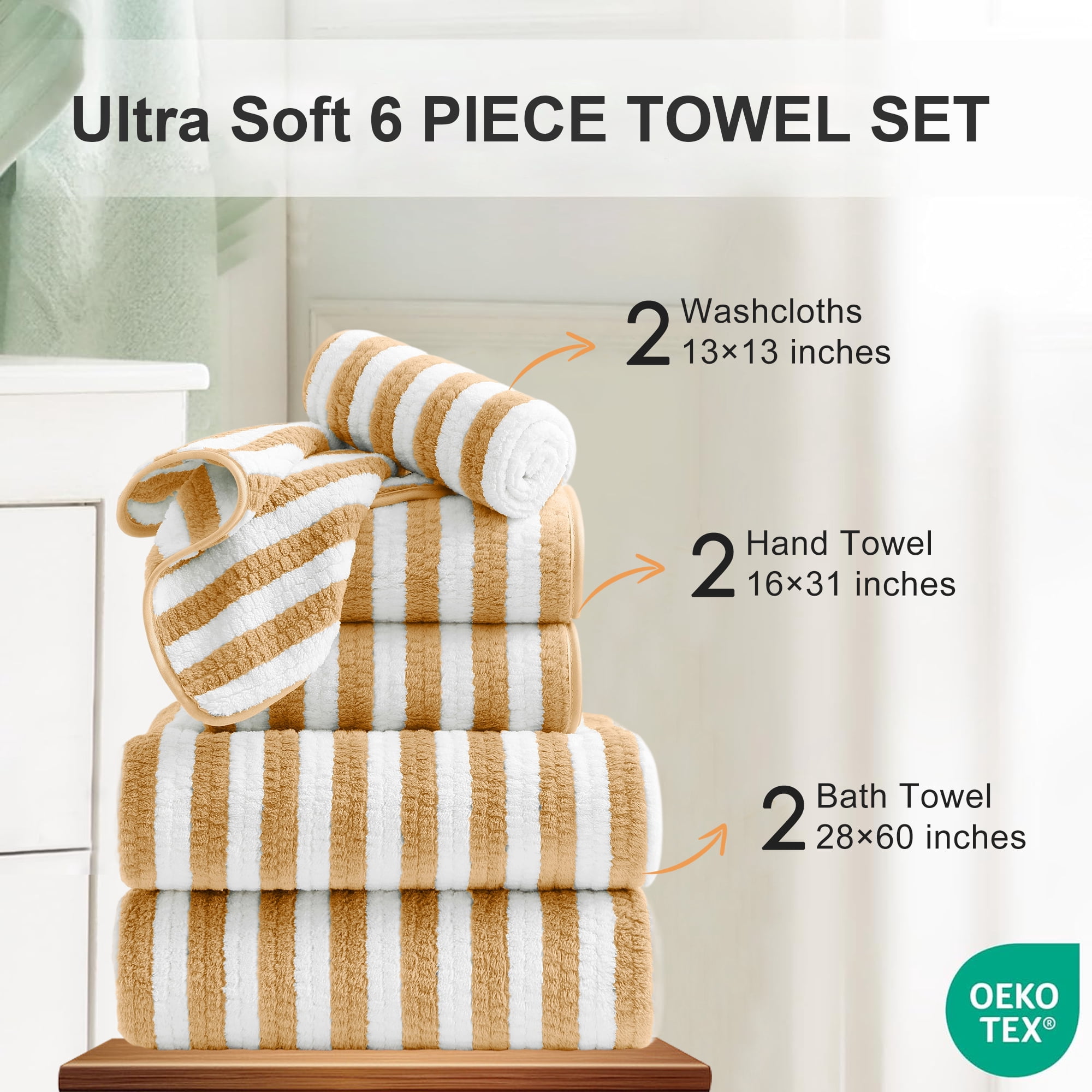 Jessy Home 6 Piece Apricot Yellow Bath Towel Set for Bathroom-2 Bath Towels,2 Hand Towels,2 Washcloths Soft and Plush Highly Absorbent Towel for Hotel & Spa