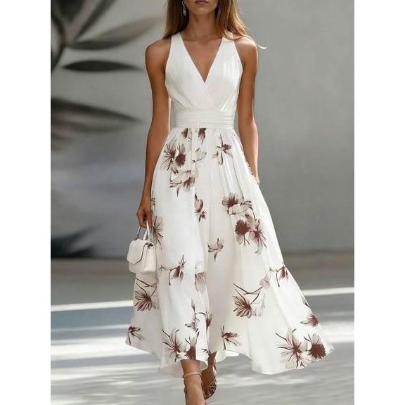 Patchwork V-Neck Sleeveless Waist Cinched Elegant Midi Dress, Suitable For Work & Vacation
