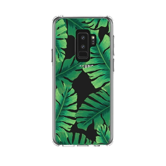 DistinctInk Clear Shockproof Hybrid Case for Samsung Galaxy S9  PLUS (6.2" Screen) - TPU Bumper, Acrylic Back, Tempered Glass Screen Protector - Tropical Banana Leaves
