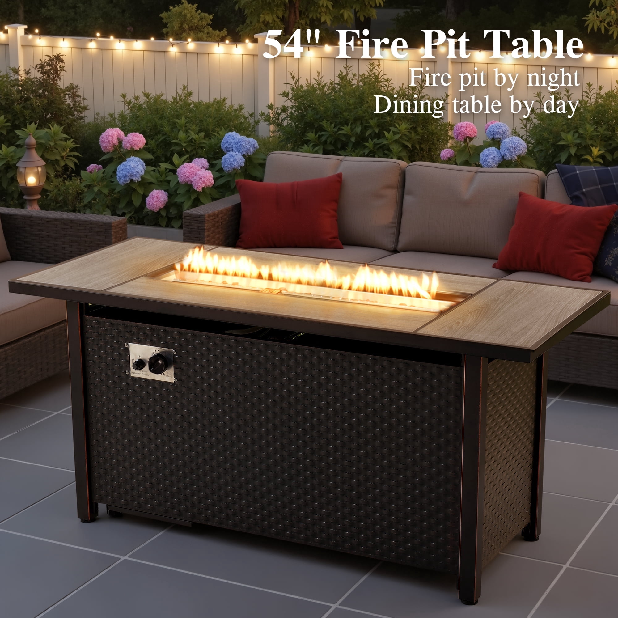 Ovios 11 Pieces Patio Furniture Set All-Weather Wicker Outdoor Sectional with 54" Fire Pit, Swivel Chairs & Solar Table