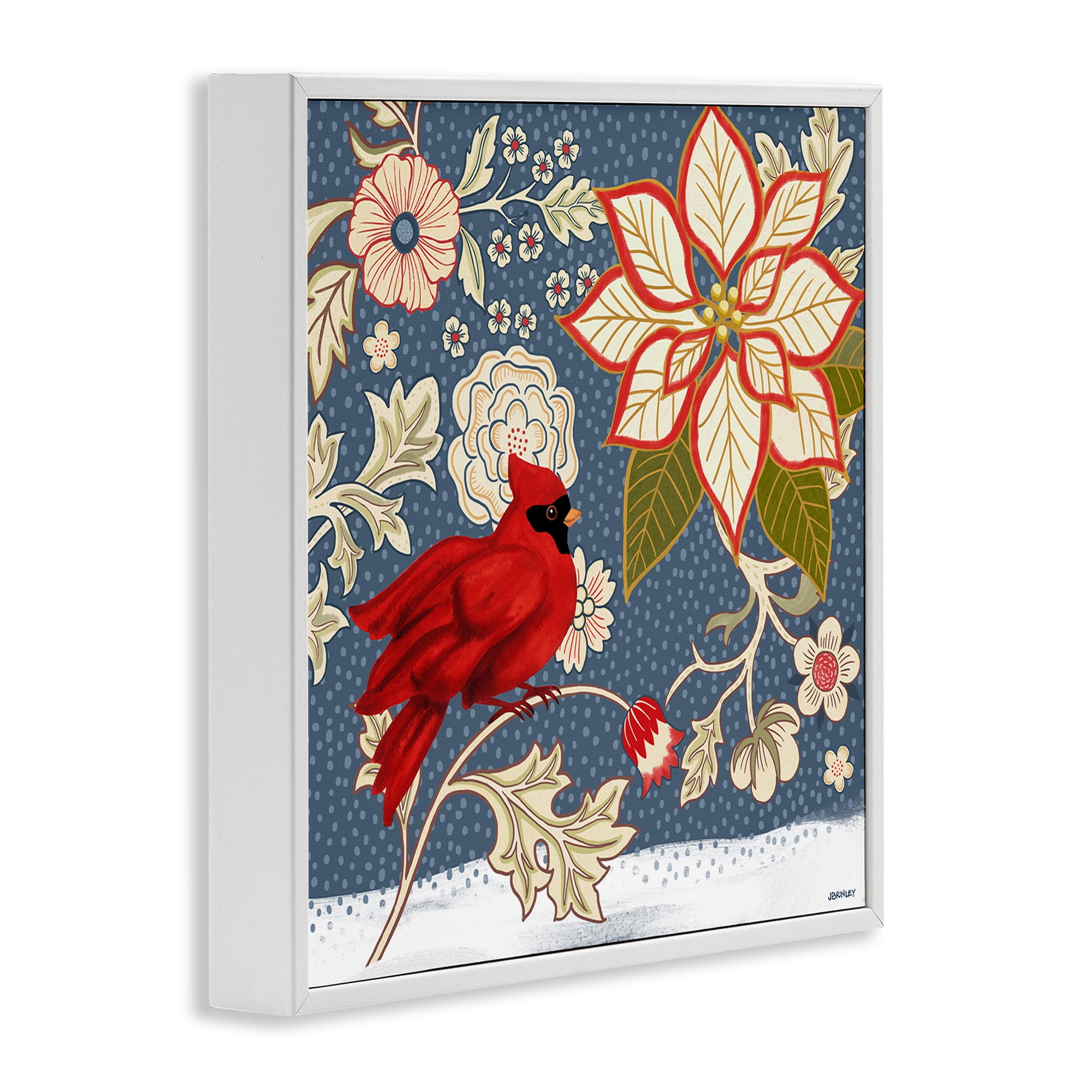 Stupell Industries Winter Cardinal with Flowers Animals & Insects Painting White Framed Art Print Wall Art, 24 x 24