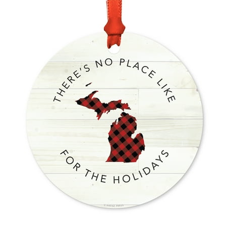 Michigan State Christmas Ornaments US State Round Metal Christmas Ornament, Red Plaid on Light Rustic Wood, Michigan, Includes Ribbon and Gift Bag ()