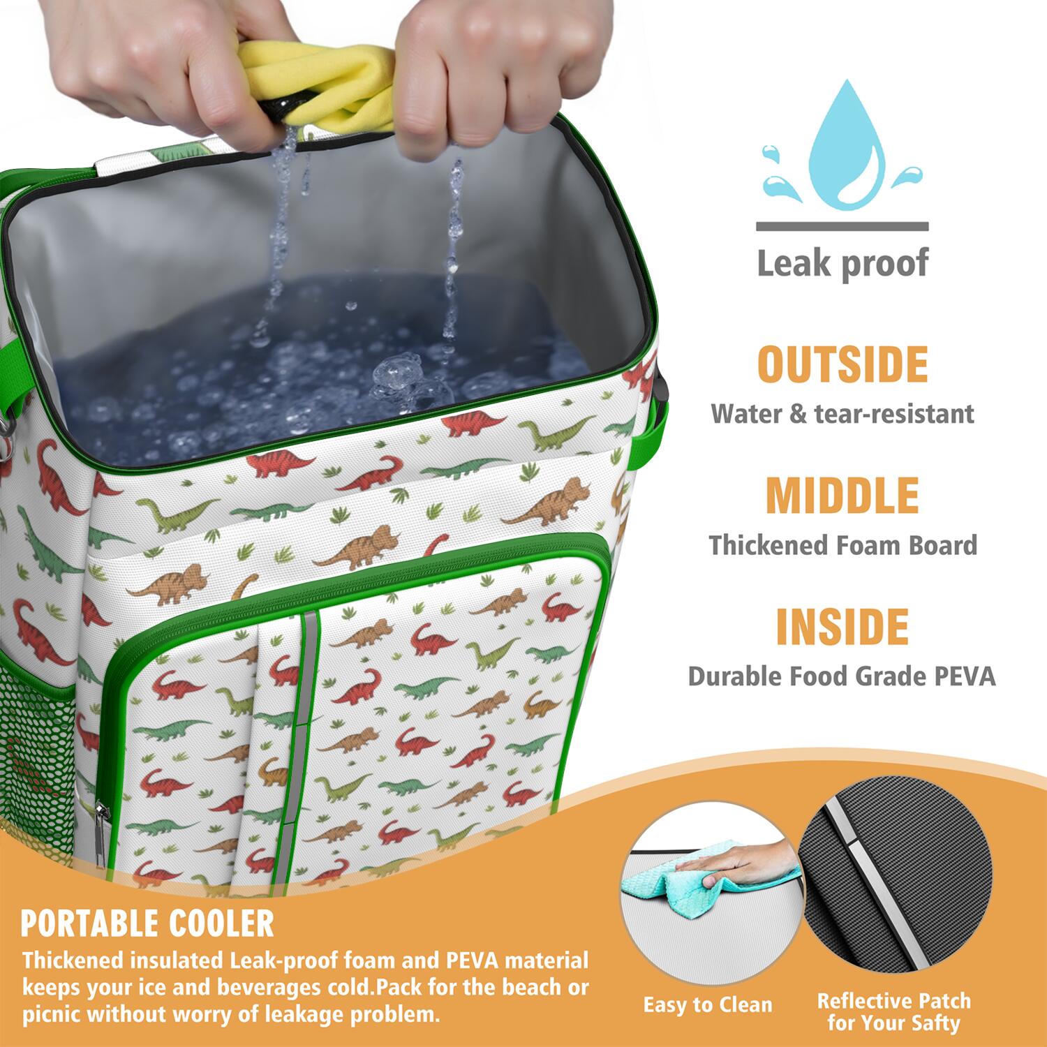 Travel Cooler Bag - White Cartoon Dinosaurs Leaves Pattern Camping Beer Cooler Backpack with Bottle Opener- Waterproof Insulated Picnic Backpacks - Cooler Bag for Beach