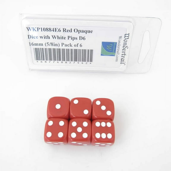 Red Opaque Dice with White Pips D6 16mm (5/8in) Pack of 6 Wondertrail