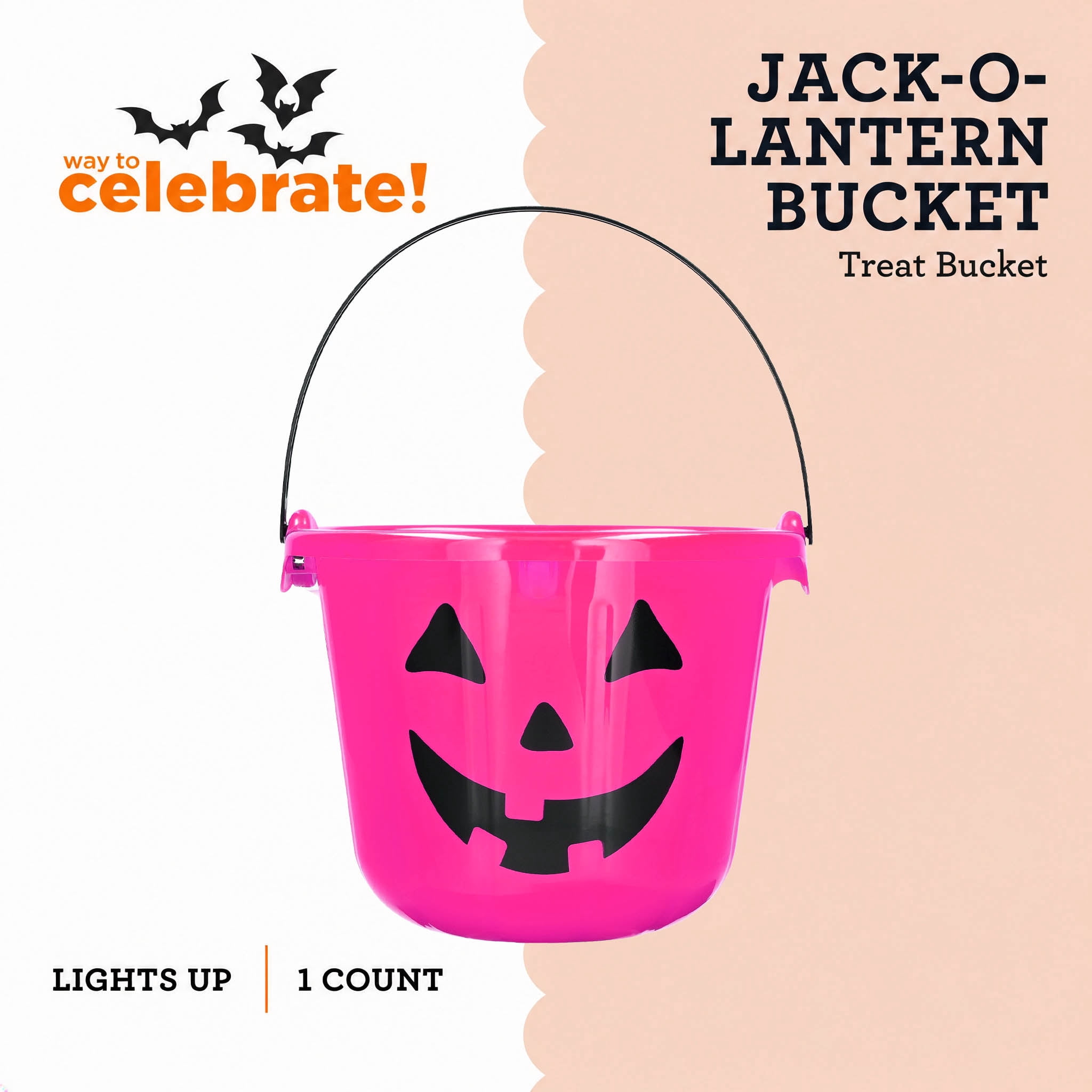 Light-Up Jack-o'-Lantern Trick-or-Treat Bucket, Pink, 6.5", Halloween by Way To Celebrate