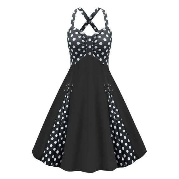 Women's Vintage Dress with High Waist Cross Strap Black with White Polka Dot Sleeveless Dress
