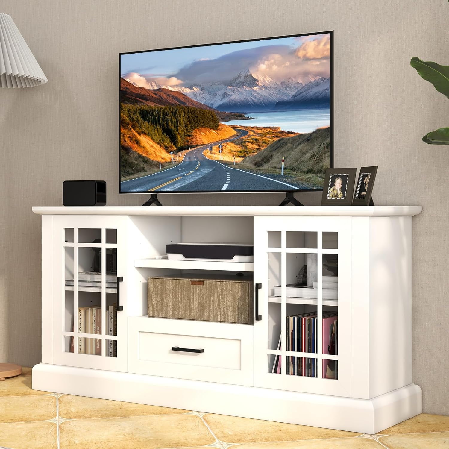 70" TV Stand, Farmhouse Wood TV Cabinet Entertainment Center, Glass Doors Cubbies and Drawer, White