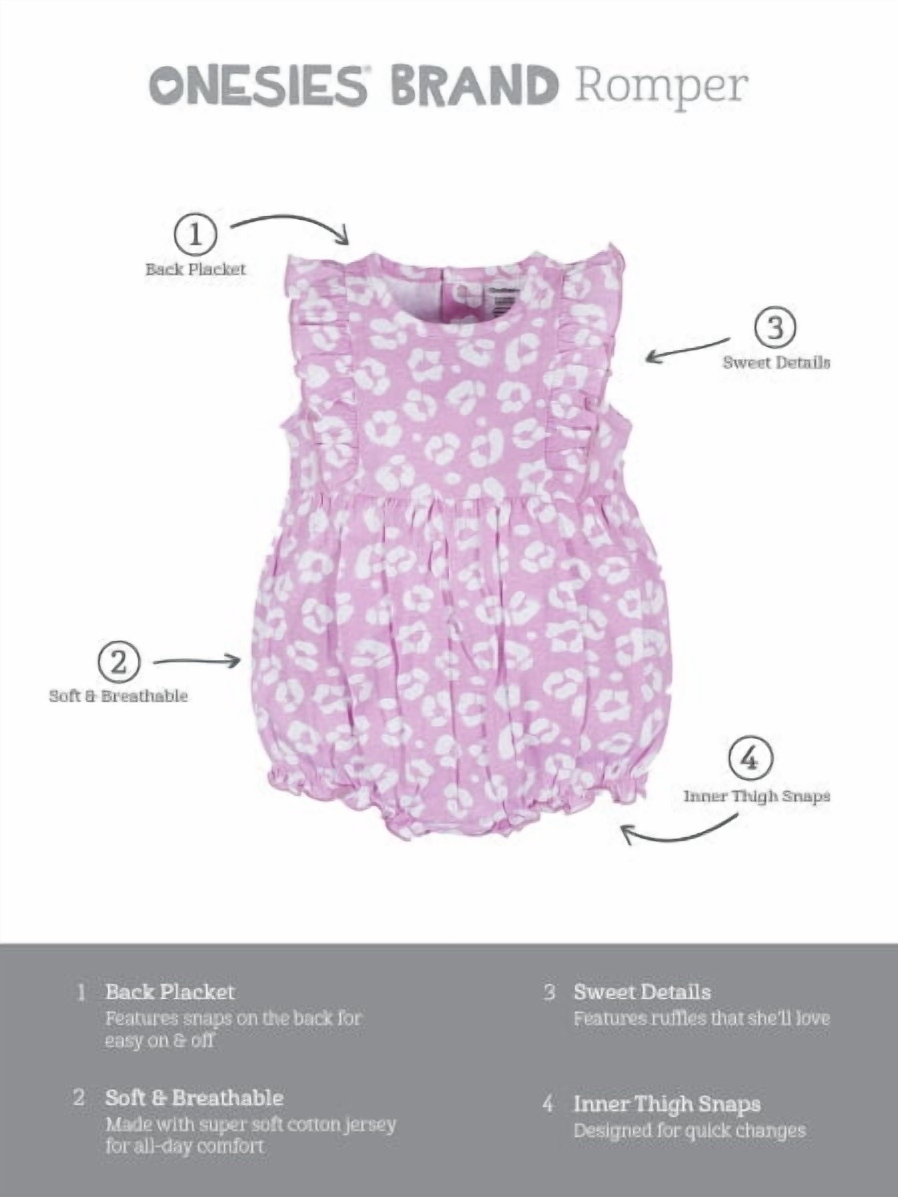 Onesies Brand Baby Girl Ruffle Sleeve Rompers, 3-Pack, Sizes, 0/3 Months - 24 Months