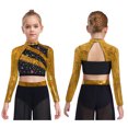 thumbnail image 5 of vastwit Sparkly Sequins Crop Top for Girls Long Sleeve Cutout Back Rhinestones Glitter Cheerleading Shirts Gold 6, 5 of 7