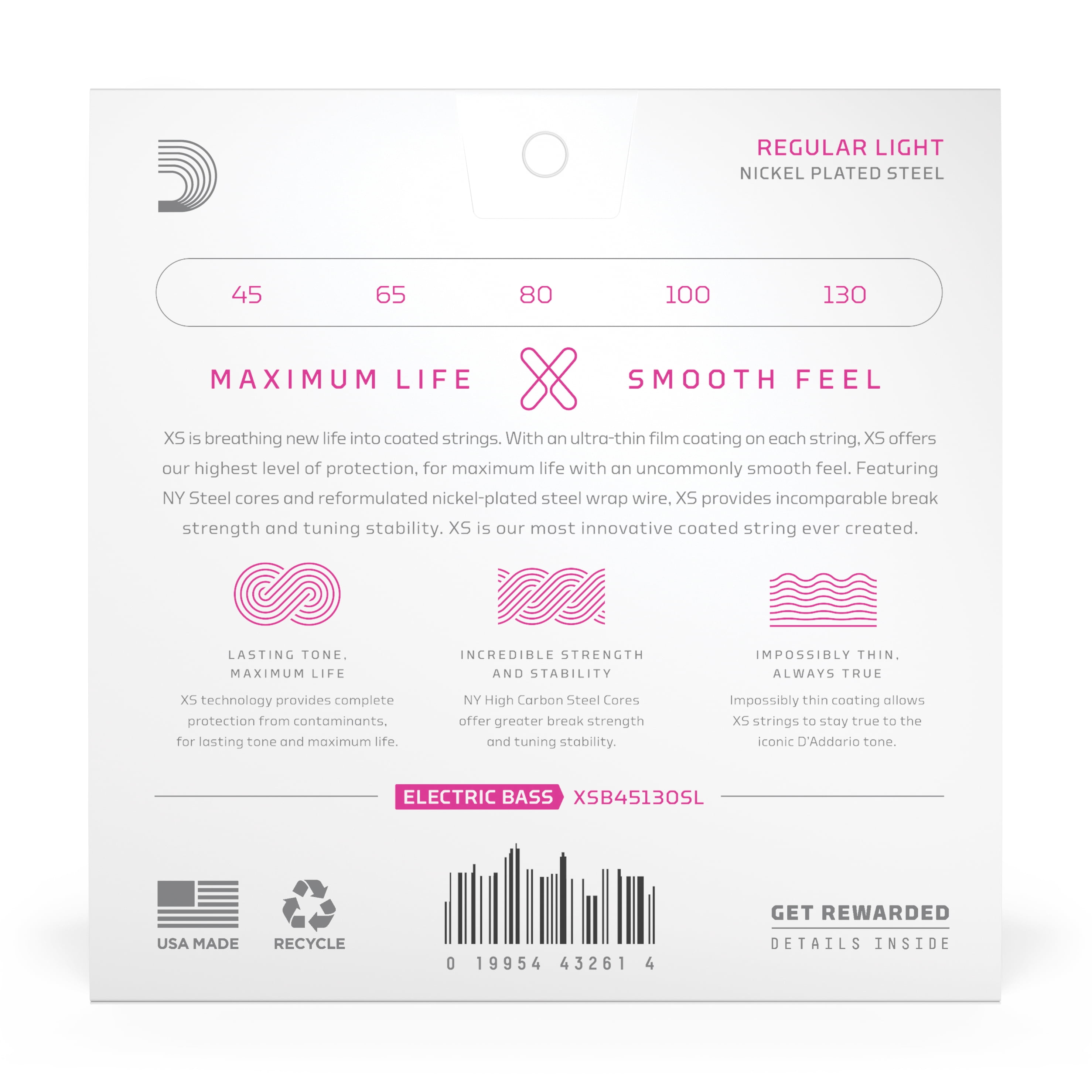 D'Addario XS Nickel Bass Super Long Scale Electric Bass Guitar Strings - Regular Light (45 - 130)