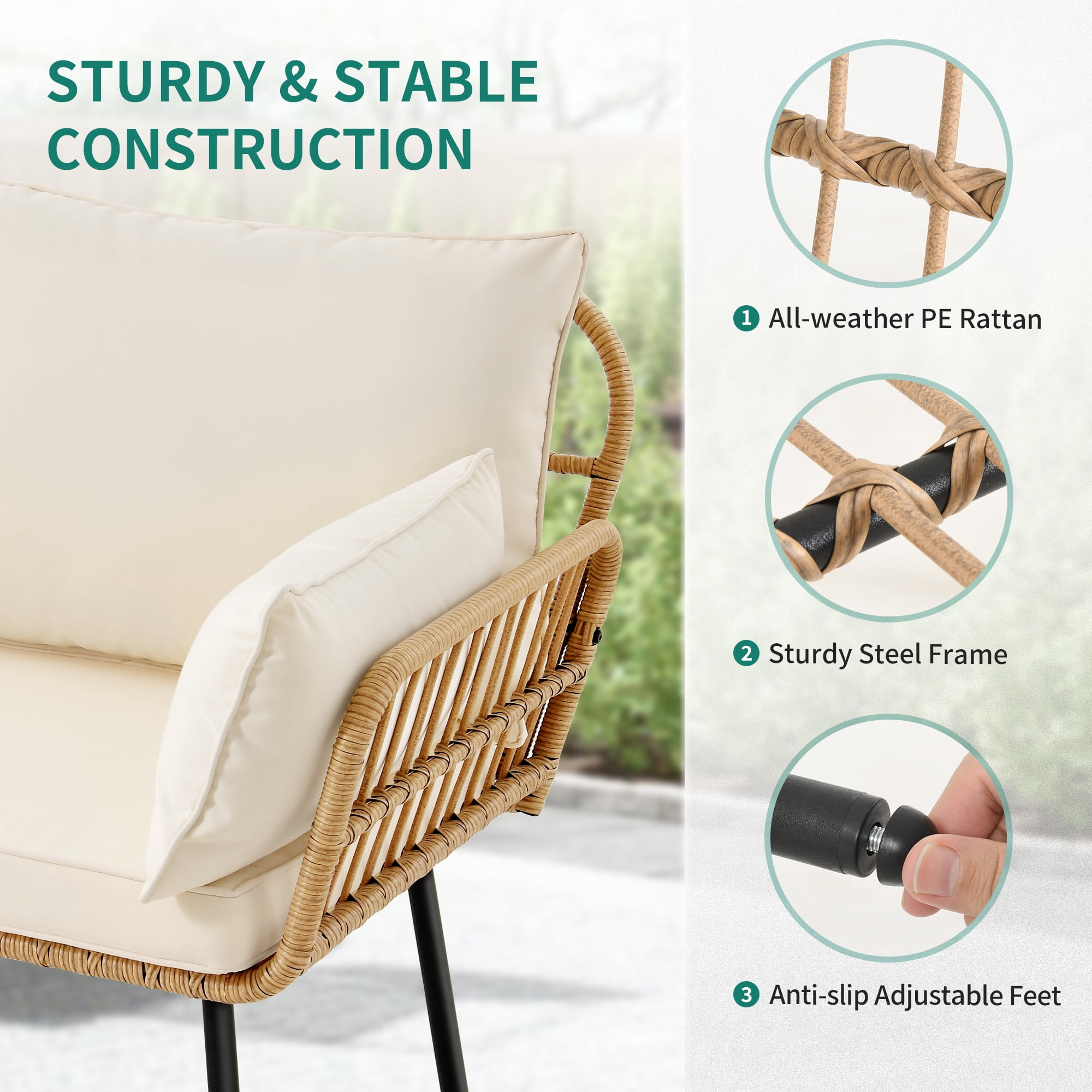 Uforic Patio Furniture Wicker Outdoor Bistro Set, All-Weather Rattan Conversation Loveseat Sofa Chairs and Rectangle Table with Umbrella Hole - Beige