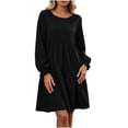 thumbnail image 3 of Otvok Women Bubble Sleeve Babydoll Dress, Crew Neck Tiered Swing Mini Gown, Textured Fabric Loose Daily Casual Dress, 3 of 7