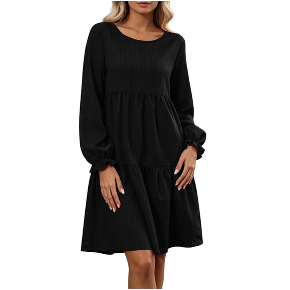 Lnmiateer Women Loose Swing Plus Size T‑Shirt Dress Crew Neck Long Sleeve Soft Breathable Fabric Fall Winter Daily Home Work Holiday Outfit