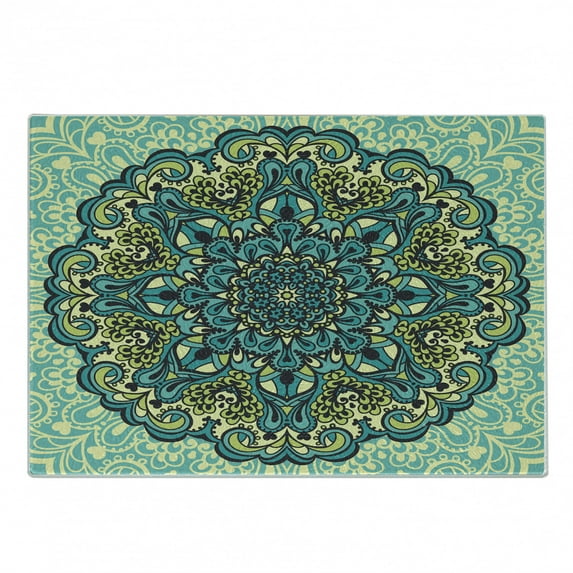 Ethnic Cutting Board, Abstract Flower Arrangement Mandala Style Nature Elements Vibrant, Decorative Tempered Glass Cutting and Serving Board, Small Size, Pale Yellow Turquoise, by Ambesonne
