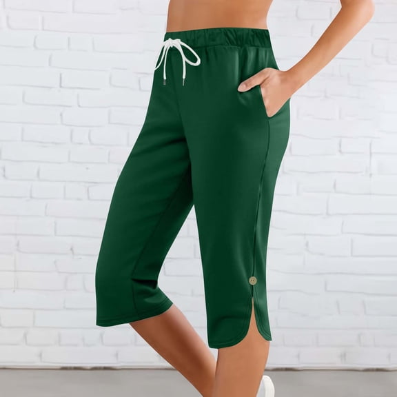 Jesvior Women'S High Waisted Capri Pants Elastic Waist Casual Pull On Cropped Pants with Pockets for Summer Beach Lounge