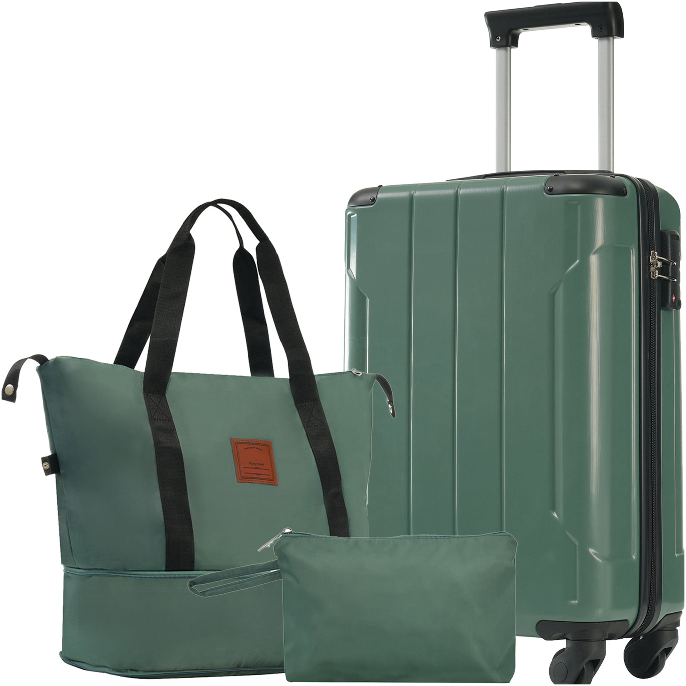 JERFIT 3-Piece Green Hardshell Spinner Luggage Set, 20 Inch Carry On ABS Suitcase with TSA Lock, Weekender Duffel & Toiletry Bag for Air Travel