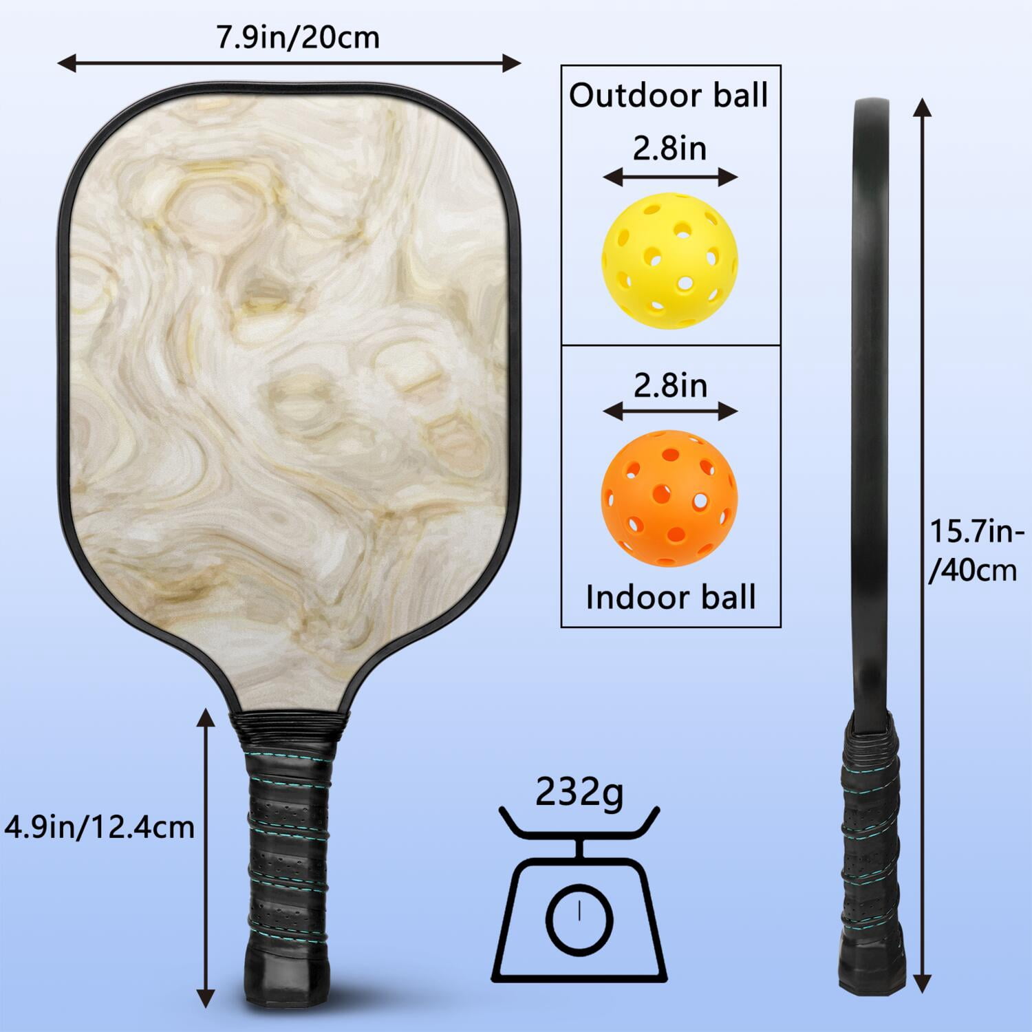 Pickleball Paddles Set Of 2, Fiberglass Surface, Turquoise Marble Pattern, 4 Balls & Bag