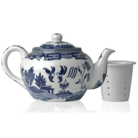 HIC Blue Willow Teapot, Fine White Porcelain, 6-Cup, 32-Ounce