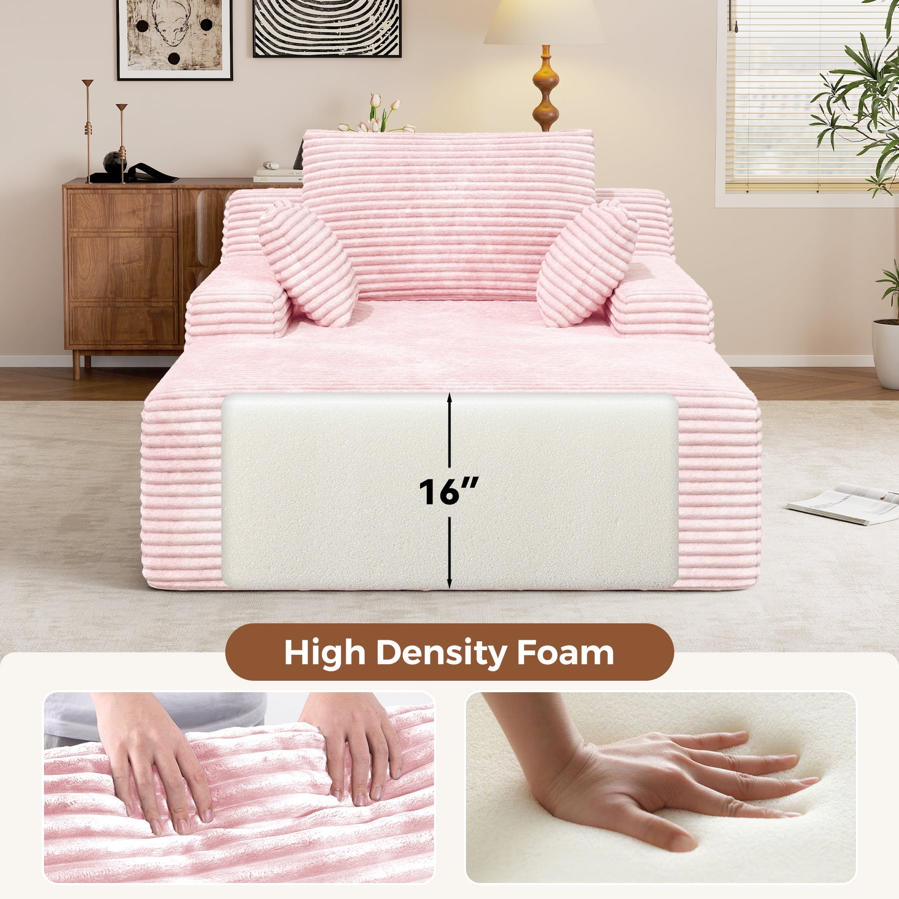 Daluvenix 51 Inch Chaise Lounge Chair Indoor Oversized Corduroy Upholstered Boneless Sofa Bed Deep Seat Sleeper Couch Reading Chairs Cloud Sofas Couches for Living Room