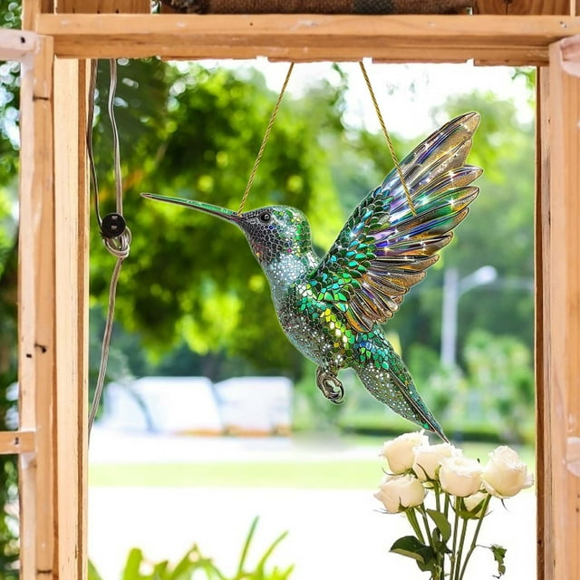 Handcrafted Hummingbird Acrylic Sun Catcher Pendant Stained Glass Effect Window Hanger for Home Decor & Good Luck Gift