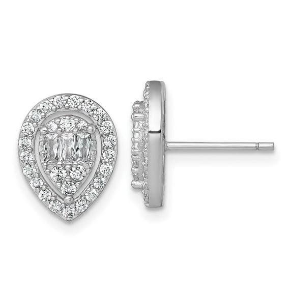 Sterling Silver Rhodium-plated Polished Fancy CZ Teardrop Halo Post Earrings
