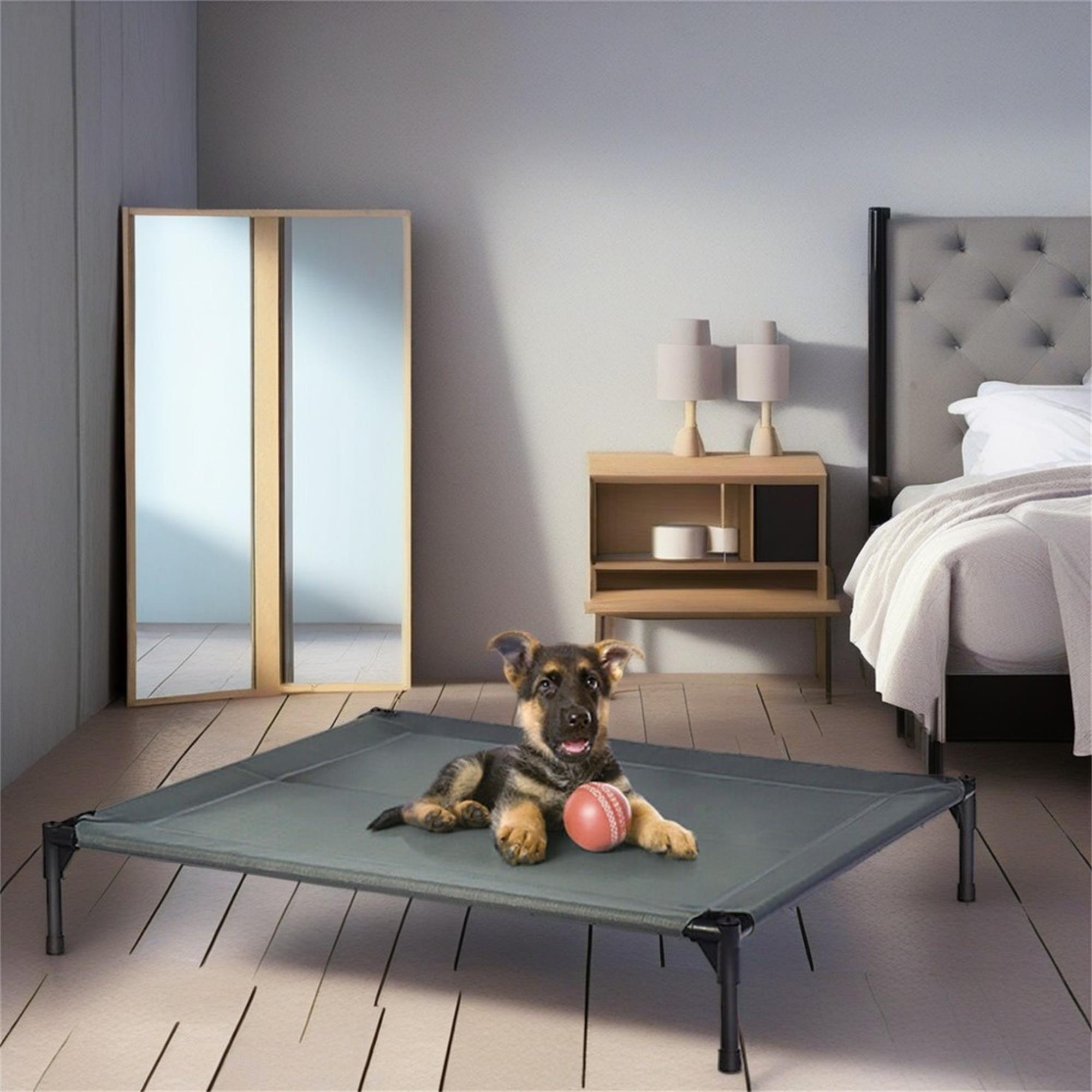 resenkos 41" Outdoor Elevated Dog Cot with Removable Canopy Shade, Pet Bed for Camping Small Medium Dogs, Portable Cooling Raised Dog Bed with and Side for Beach, Gray