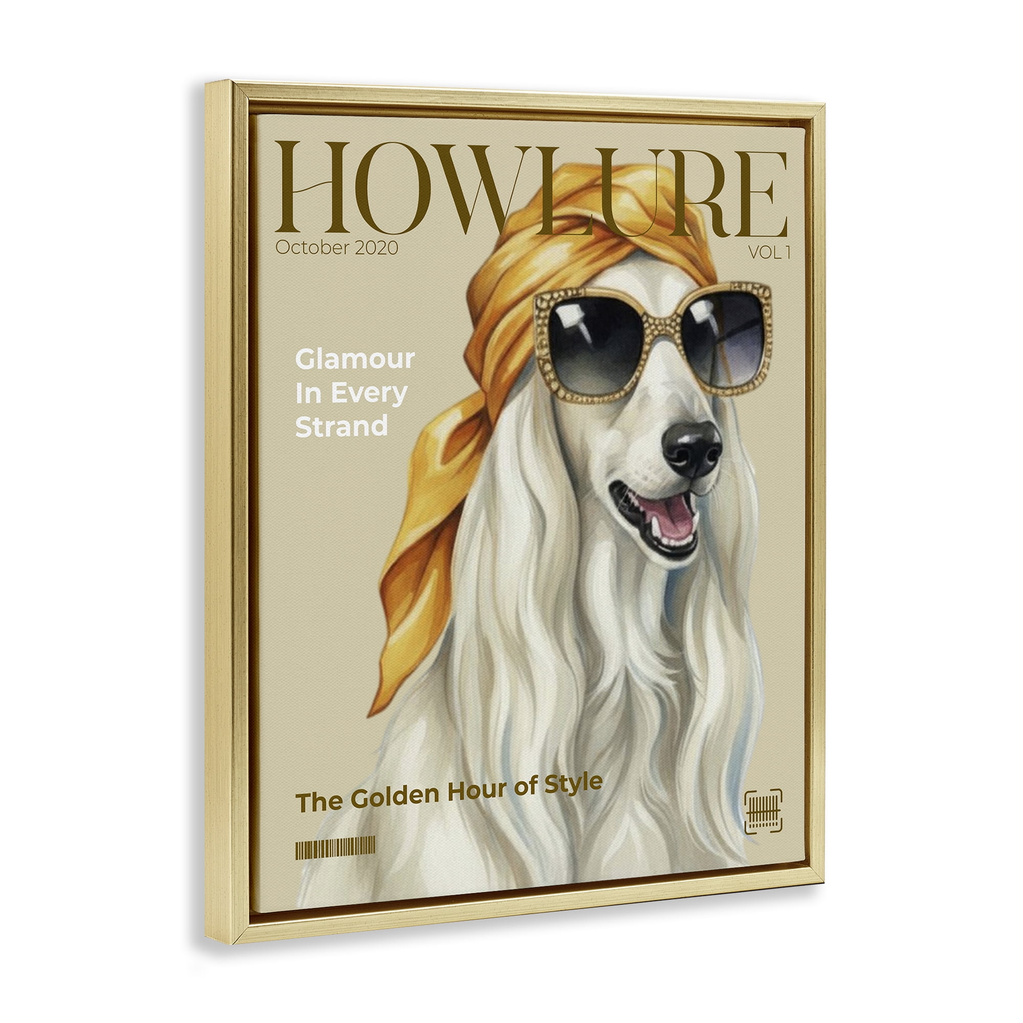 Stupell Industries Howlure Dog Fashion Magazine Gold Framed Floater Canvas Wall Art, design by A Barefoot Stylist