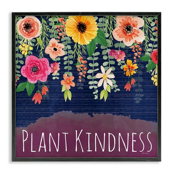 Stupell Industries Plant Kindness with Florals Quotes and Sayings Painting Black Framed Art Print Wall Art, 12 x 12