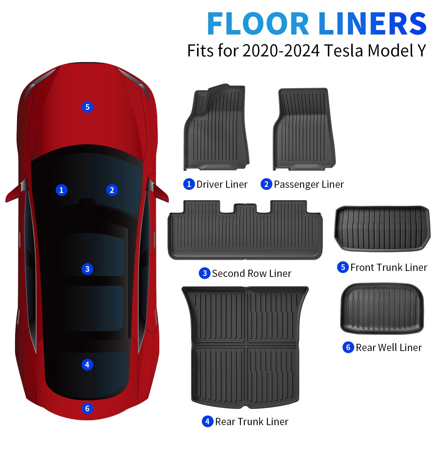 Floor Mats Fit for Tesla Model Y 2024 2023 2022 2021 Custom Fit All Weather TPE Protection Floor Mats Set (6 Pieces) Cargo Liner Cargo Trunk Accessories,Heavy Duty Accessories,Black