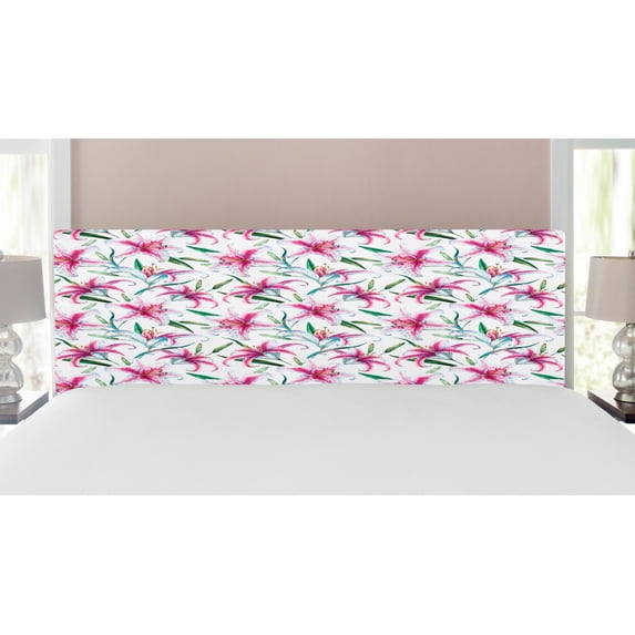 Flower Headboard, Tropical Watercolors Vivid Lively Lily Flower Wild Nature Plants Image, Upholstered Decorative Metal Bed Headboard with Memory Foam, King Size, Purple Green, by Ambesonne