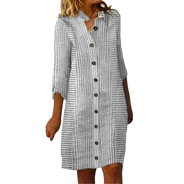 Kcodviy Robe Midi en Lin à Rayures Polyvalente pour Femme, Robe à Boutons, Robe Midi Décontractée Ample à Rayures, Robe Chemise