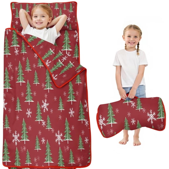 Red Christmas Tree and Snowflake Pattern Toddler Nap Mats for Kids Preschool,50"x20" Sleeping Mat Bag or Kids,Toddler Sleeping Bag,Toddler Nap Mat or Daycare